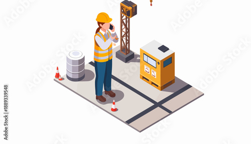 Construction Worker on Phone at Site Isometric