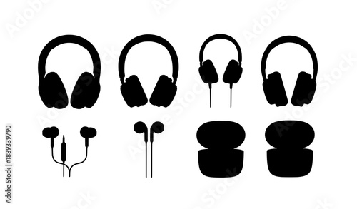Black headphones and earphones vector collection wireless and wired audio devices