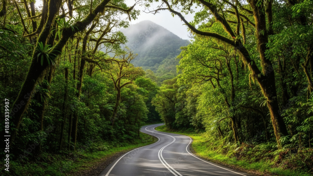Obraz premium Winding Road Through Lush Green Forest with Trees and Mountain in Distance