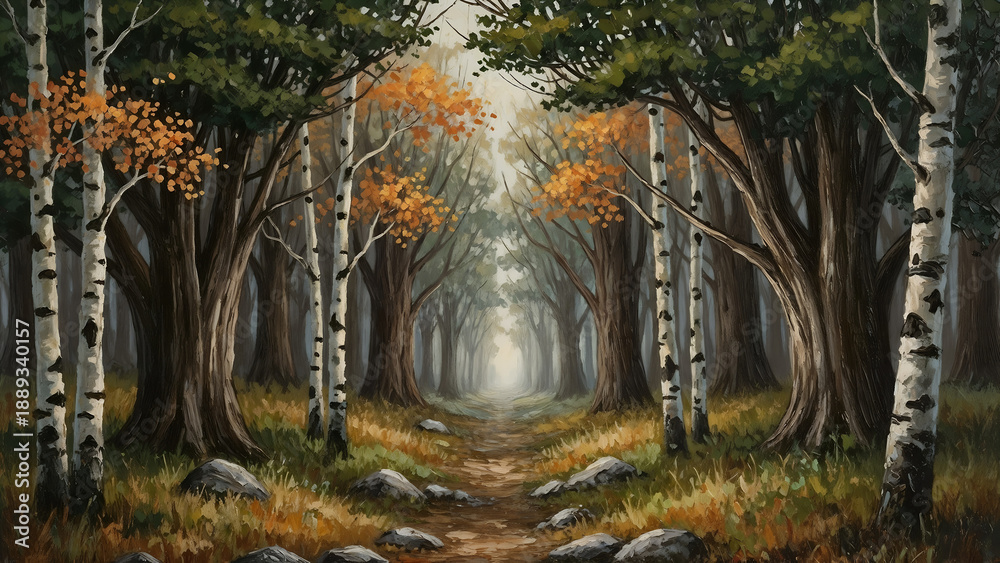 Fototapeta premium Serene Birch Forest Path Landscape in Green and Amber - Impasto Oil Painting