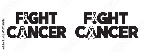 Bold black vector typography of the phrase “FIGHT CANCER” with awareness ribbons replacing letters, representing strength, advocacy, and resilience.