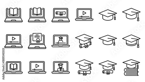 Vector Icon Set of Online Learning and Education Featuring Laptops with Books, Diplomas, Video Lessons, and Graduation Caps for E-learning, Webinars, Digital School, University, and Graduation.