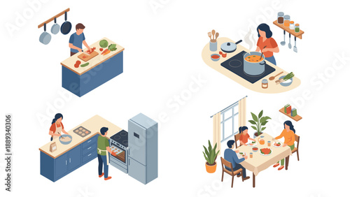 Isometric Vector Illustration Set of People Cooking and Eating in the Kitchen; Scenes Include Chopping Vegetables, Boiling Soup, Baking Cookies, and a Family Dinner at the Dining Table.