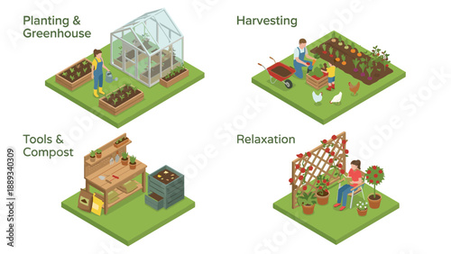 Isometric Gardening Scenes Vector Illustration Set Featuring Backyard Greenhouse Planting, Vegetable Harvesting with Family, Garden Tools, Compost Bin, and Outdoor Relaxation in a Flower Garden.