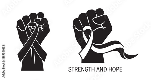 Raised clenched fists gripping awareness ribbons in bold black vector style with symbolic expression of resilience, unity, strength and determination in fighting illness or causes