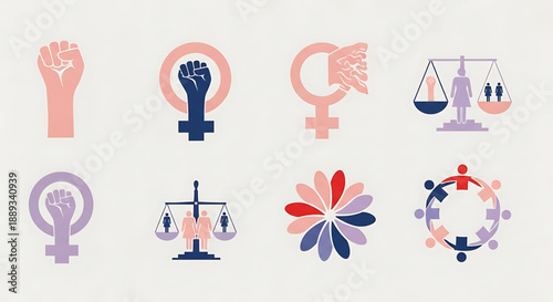 International womens day collection of colorful feminist and equality icons on light gray background including raised fist, gender symbols, scales of justice, and flower motifs