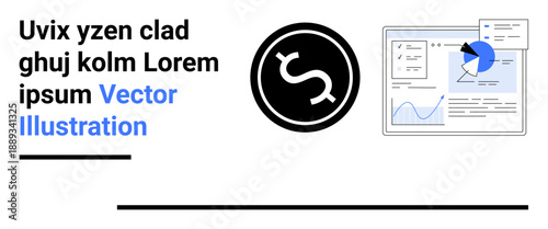 Business analytics, financial management, data visualization, report generation, information systems, corporate analysis. Dollar symbol and analytics screen with charts and graphs. Financial