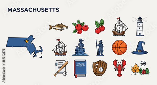 Collection of Massachusetts iconic symbols and illustrations, showcasing the state's rich history, unique culture, famous landmarks, and natural beauty in New England