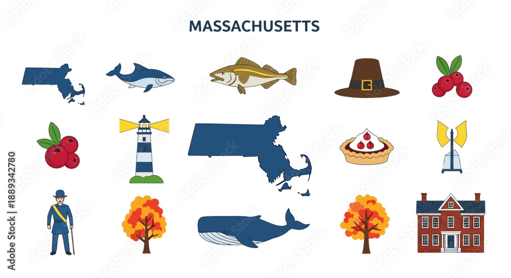 Obraz premium Collection of Massachusetts State Symbols and Cultural Icons Representing History, Nature, and Local Traditions for Travel and Education