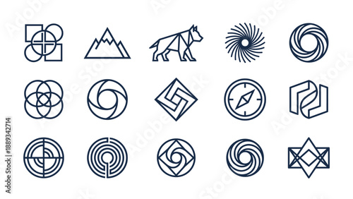 Vector icon set of abstract geometric shapes for logos in a minimalist outline style. Distinct elements including a mountain, wolf, and compass arranged in a grid on a clean white background.