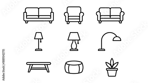 Minimalist Line Art Icon Set of Living Room Furniture and Decor Featuring Sofa, Armchair, Couch, Floor Lamp, Table Lamp, Coffee Table, Ottoman, and Potted Plant in a Clean Vector Style Grid.