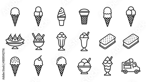 Minimalist Black Outline Ice Cream Icon Set Featuring Cones, Sundaes, Soft Serve, Sandwiches, Banana Splits, and a Delivery Truck. Clean Vector Graphics for Summer Menus and Web Design.