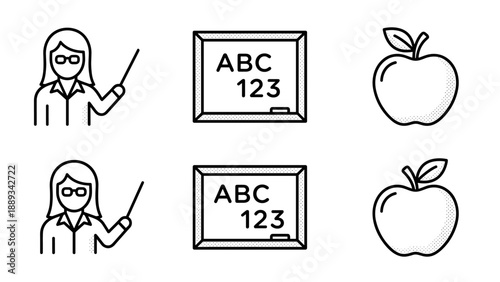 Vector Icon Set Featuring a Female Teacher with a Pointer, a Chalkboard with ABC and 123, and a Fresh Apple. Minimalist Outline Style Education Icons Arranged in a Grid on a White Background.