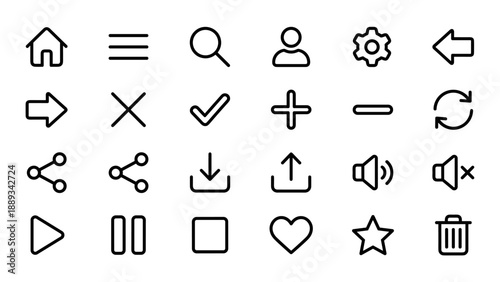 Set of 24 Minimalist Line Art UI Icons for Web and Mobile Apps. Features Essential Symbols like Home, Search, Settings, User, Arrows, Share, Play, Pause, Volume, Heart, Star, and Trash Can.