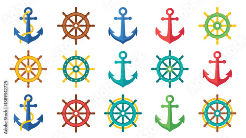 Vibrant Collection of Nautical Icons with Colorful Flat Vector Anchors and Ship Steering Wheels Arranged in a Grid, Ideal for Maritime, Sailing, Ocean, and Marine-Themed Graphic Design Elements.