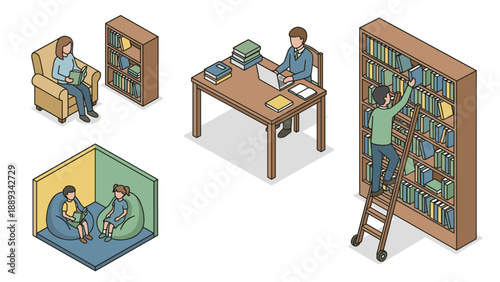 Isometric Vector Illustration Set of Library Reading Scenes Featuring People Studying at Desks, Browsing Tall Bookshelves on Ladders, and Kids Relaxing in Beanbag Chairs on a White Background.