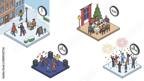 Isometric Vector Illustration Set of New Year's Eve Countdown Scenes Featuring Daytime Winter Shopping, Family Holiday Dinner, Late Night Party with Live Music, and Midnight Fireworks Celebration