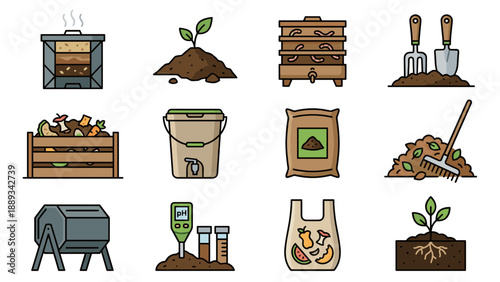 Set of 12 vector icons featuring compost bins, organic waste, and soil. Includes worm farm, garden tools, pH meter, and seedlings. Clean geometric style for environmental and gardening projects.