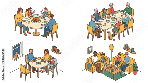 Isometric vector illustration set of family dinner scenes. Four distinct scenarios featuring a holiday turkey feast, extended family meal, pasta dinner with baby, and pizza night in living room.
