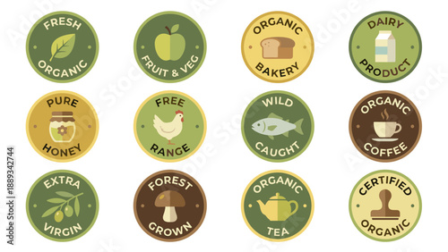 Set of 12 Organic Food Label Badges and Vector Icons in Flat Design Style. Featuring Fresh Produce, Bakery, Dairy, Honey, Free Range, Wild Caught, Coffee, Olive Oil, Tea, and Certified Organic.