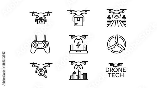 Minimalist line art drone technology icon set featuring quadcopters for package delivery, aerial photography, smart farming, and inspection, including remote control, propeller, and charging dock.