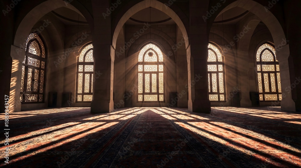Obraz premium Sunlight streams through arched windows, casting dramatic shadows across the carpeted floor of a grand, empty hall with intricate architectural details.