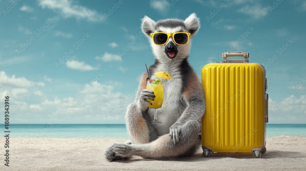 Fototapeta premium Lemur on sunny beach with yellow suitcase and cocktail enjoying vacation vibes