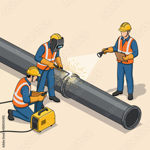 Industrial workers welding pipeline sections, performing maintenance and quality checks on heavy infrastructure.
