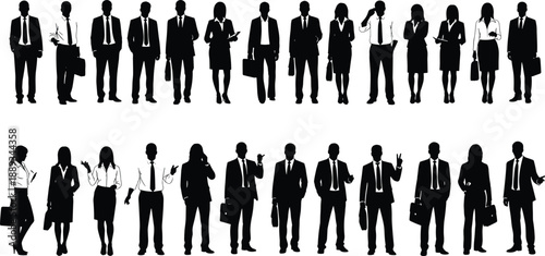 Silhouetted business professionals in formal attire standing and gesturing, holding briefcases, using mobile devices, illustrating workplace diversity and corporate culture
