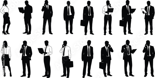 Silhouetted business professionals in formal attire standing, gesturing, holding briefcases, using mobile phones, representing teamwork, communication, and corporate diversity