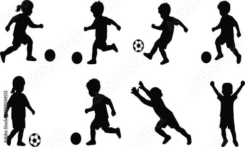 Children playing soccer silhouettes, collection of kids with ball, active outdoor game, youth sports activity, black vector shapes on transparent background