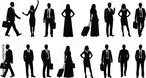 Silhouetted business professionals in formal attire standing, gesturing, holding briefcases, using mobile phones, representing teamwork, communication, and corporate diversity