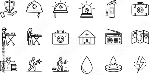 Collection of Safety and Emergency Icons: First Aid, Fire Safety, Communication, and Navigation