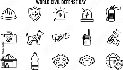 World Civil Defense Day Icons: Outline vector set for emergency, safety, rescue, and aid. Includes helmet, siren, first aid, dog, masks, and globe.