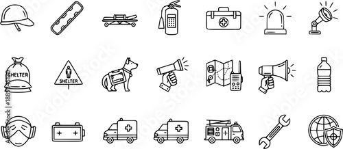 Emergency and Disaster Relief Line Icons Set: Safety, Rescue, First Aid, and Preparedness Symbols