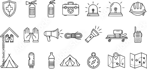 Emergency Preparedness and Safety Icons - First Aid, Fire Safety, Shelter, Communication, Navigation