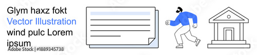 Financial fraud, document security, identity theft, cybersecurity, banking services, legal compliance. A person running with a document beside a bank icon. Financial fraud and document security