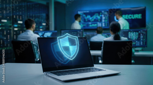 Cyber security laptop shield networking icons optimization project innovation privacy protect safe attack buying security team office online privacy protection