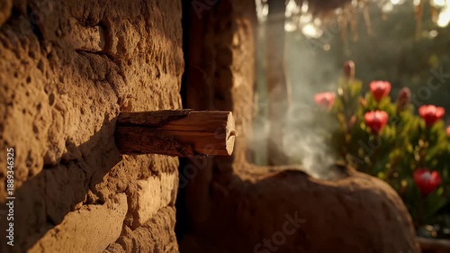 Man hammers wooden peg into rustic earthen wall during golden hour