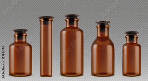 3D Vector medical glass jar. Medication packaging with blank white label. Vector illustration for web design