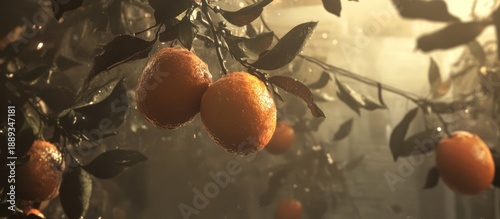 Ripe Oranges Hanging from a Branch Amidst Sunlight and Gentle Mist