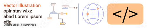 Web development, programming, data analysis, networking, global communication, digital infrastructure. Globe, data flow chart and code symbols. Web development and programming concept