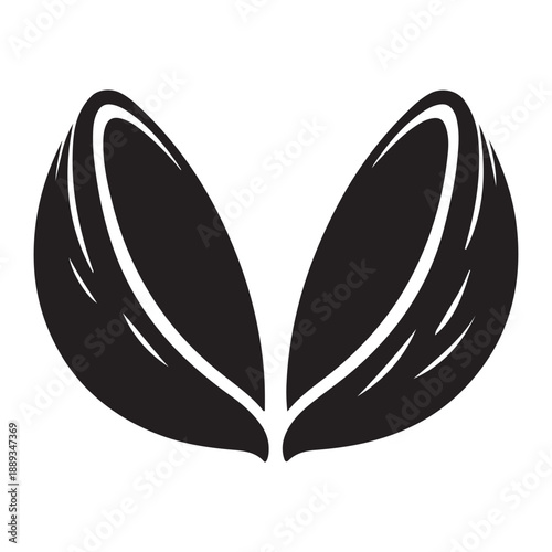 Black silhouette of two halves of a coffee bean or seed, showing the inner texture, representing origin or duality