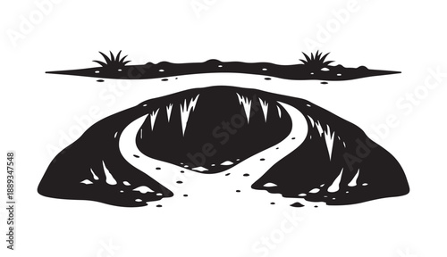 Cracked Earth Cavern Entrance with Sparse Vegetation, illustrating a natural formation, a hidden opening, or a geological fissure.