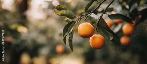 Close-up of Ripe Oranges Hanging on a Branch in the Sunlight