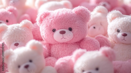 A charming collection of soft pink and white teddy bears, creating a delightful and heartwarming scene, perfect for themes of childhood, love, and comfort, ideal for backgrounds and decorative designs