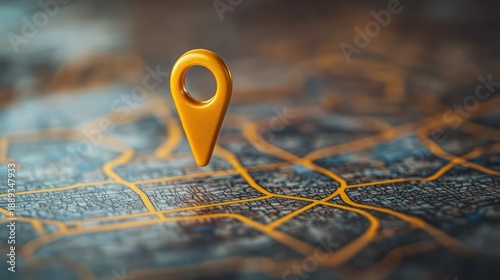Golden location pin icon illuminating a blurred map with glowing pathways, symbolizing navigation, discovery, and the journey to a precise destination or point of interest