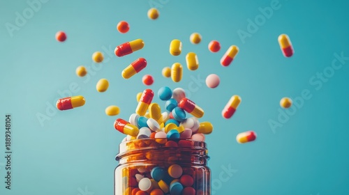A jar overflowing with colorful pills and capsules, with some spilling out into the air, suggesting a medical or pharmaceutical theme