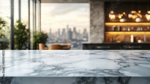 Marble countertop in a modern kitchen with a city skyline view in the background