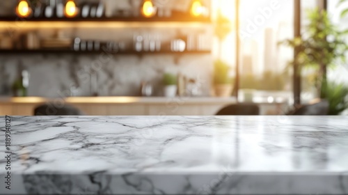 Bright, empty white marble countertop in a modern cafe setting with a blurred background of warm ambient lighting and a cozy interior, perfect for product display or design overlay